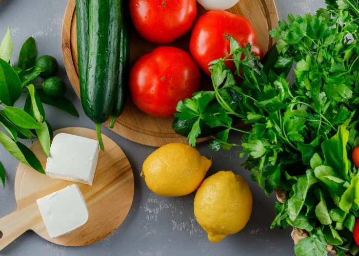 top-view-tomatoes-cutting-board-with-lemon-cucumber-cheese-greens-gray-surface