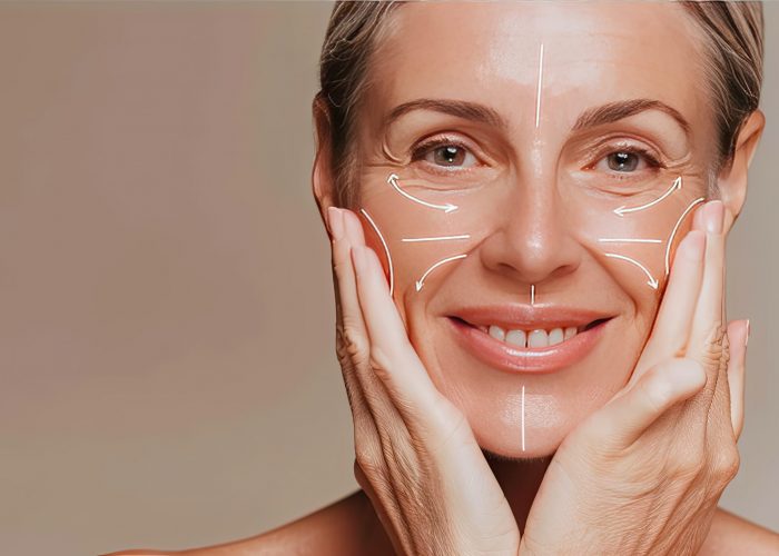 A woman looks happy as she smiles and gently touches her face with her hands, expressing joy and contentment